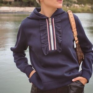 Sandro Paris Navy Blue Quarter Zip Hoodie Ruffle Detail Small